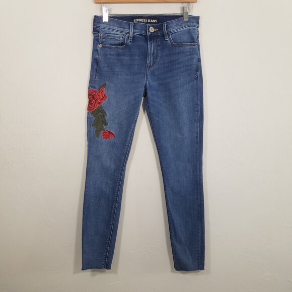 Express Mid Rise Ankle Legging Stretch Jeans Embroidered Floral Blue Size 6 - Picture 1 of 8
